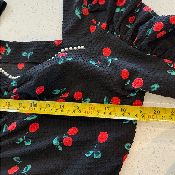 Large 10/12 Cherries Black Vintage Style Black Cherry Print Swing Dress Stretch - Picture 7 of 16